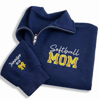 Softball Mom Embroidered Quarter Zip Sweatshirt, Personalized Team Mom Pullover, Custom Player Number Gift, Softball Bow