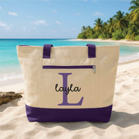 Monogram Tote Bag with Zipper, Personalized Initial Tote Bag, Custom Name Beach Bag, Bridesmaid Gift, Travel Tote for Women