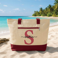 Monogram Tote Bag with Zipper, Personalized Initial Tote Bag, Custom Name Beach Bag, Bridesmaid Gift, Travel Tote for Women