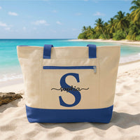 Monogram Tote Bag with Zipper, Personalized Initial Tote Bag, Custom Name Beach Bag, Bridesmaid Gift, Travel Tote for Women