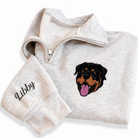 Personalized Pet Portrait Embroidered Quarter Zip Sweatshirt, Custom Dog Cat Pullover, Memorial Sweater, Rainbow Bridge Gift, Dog Mom Gift