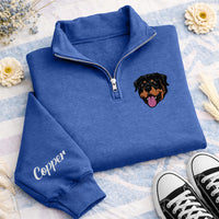 Personalized Pet Portrait Embroidered Quarter Zip Sweatshirt, Custom Dog Cat Pullover, Memorial Sweater, Rainbow Bridge Gift, Dog Mom Gift