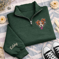 Personalized Pet Portrait Embroidered Quarter Zip Sweatshirt, Custom Dog Cat Pullover, Memorial Sweater, Rainbow Bridge Gift, Dog Mom Gift