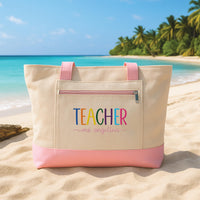 Personalized Embroidered Teacher Tote Bag with Zipper, Custom Rainbow Teacher Name Tote Bag, Teacher Appreciation Gift