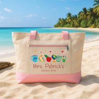 Teacher Tote Bag with Zipper, Personalized Teacher Gift Bag, Custom Teacher Name Tote, School Classroom Work Beach Bag