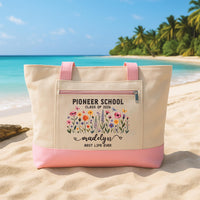 Graduation Tote Bag with Zipper, Personalized Senior Gift Bag, Custom Class of 2026 Floral Graduate School Beach Tote Bag