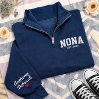 Nona Embroidered Quarter Zip Sweatshirt, Personalized Grandma Pullover, Custom Nana Gift for New Grandmother Wear