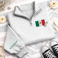 Mexico Flag Embroidered Quarter Zip Sweatshirt, Personalized Mexican Heritage Pullover, Custom Mexico Gift Wear