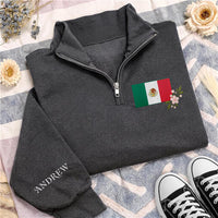 Mexico Flag Embroidered Quarter Zip Sweatshirt, Personalized Mexican Heritage Pullover, Custom Mexico Gift Wear