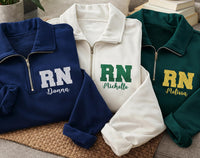 RN Glitter Quarter Zip Sweatshirt, Personalized Nurse Pullover, Custom Name Nursing Grad Gift, Sparkle Registered Nurse Wear