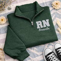 RN Glitter Quarter Zip Sweatshirt, Personalized Nurse Pullover, Custom Name Nursing Grad Gift, Sparkle Registered Nurse Wear