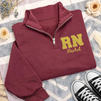 RN Glitter Quarter Zip Sweatshirt, Personalized Nurse Pullover, Custom Name Nursing Grad Gift, Sparkle Registered Nurse Wear
