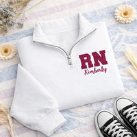 RN Glitter Quarter Zip Sweatshirt, Personalized Nurse Pullover, Custom Name Nursing Grad Gift, Sparkle Registered Nurse Wear