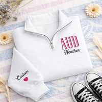 Custom Monogram Embroidered Quarter Zip Sweatshirt, Personalized Name Pullover, Sleeve Heart Gift for Women Moms, Custom College Style Gift