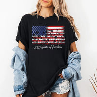 Patriotic 250 Years of Freedom Shirt, Distressed USA Flag Wildflower Tee, 1776 2026 America Birthday Top, July 4th Outfit, Gift for Women