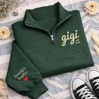 Gigi Embroidered Quarter Zip Sweatshirt, Personalized Grandma Pullover, Custom Est Year Gift for Nana Mimi Grammy Women
