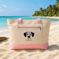 Personalized Embroidered Dog Tote Bag with Zipper, Custom Pet Portrait Tote Bag, Dog Mom Gift, Pet Lover Beach Bag