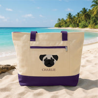 Personalized Embroidered Dog Tote Bag with Zipper, Custom Pet Portrait Tote Bag, Dog Mom Gift, Pet Lover Beach Bag