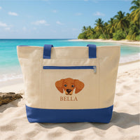 Personalized Embroidered Dog Tote Bag with Zipper, Custom Pet Portrait Tote Bag, Dog Mom Gift, Pet Lover Beach Bag