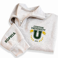 Custom University Embroidered Quarter Zip Sweatshirt, Personalized College Pullover, Graduation Gift for Students Alumni