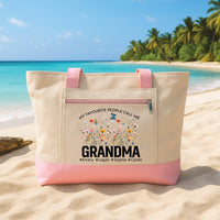 Grandma Tote Bag with Zipper, Personalized Grandma Gift, Custom Grandkids Name Tote, Floral Nana Beach Bag, Mothers Day Gift