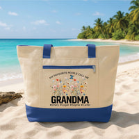 Grandma Tote Bag with Zipper, Personalized Grandma Gift, Custom Grandkids Name Tote, Floral Nana Beach Bag, Mothers Day Gift