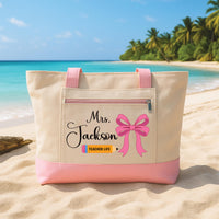 Teacher Tote Bag with Zipper, Personalized Teacher Name Bag, Custom Teacher Life Tote, Pink Bow Teacher Gift, Back to School Bag
