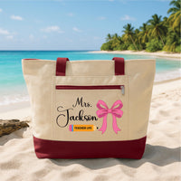 Teacher Tote Bag with Zipper, Personalized Teacher Name Bag, Custom Teacher Life Tote, Pink Bow Teacher Gift, Back to School Bag