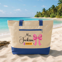 Teacher Tote Bag with Zipper, Personalized Teacher Name Bag, Custom Teacher Life Tote, Pink Bow Teacher Gift, Back to School Bag