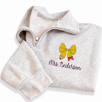 Custom Teacher Embroidered Quarter Zip Sweatshirt, Personalized Pencil Bow Pullover, Back to School Teacher Gift Women