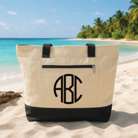 Monogram Tote Bag with Zipper, Personalized Initial Beach Bag, Custom Circle Monogram Tote, Bridesmaid Gift, Travel Tote Bag