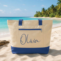 Personalized Name Tote Bag with Zipper, Custom Beach Tote Bag, Bridesmaid Gift Bag, Wedding Tote, Vacation Travel Bag for Women