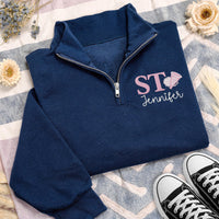 Custom CST Embroidered Quarter Zip Sweatshirt, Personalized Cheerleading Pullover, School Spirit Cheer Coach Gift Top