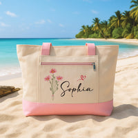Birth Flower Tote Bag with Zipper, Personalized Name Flower Tote, Custom Floral Tote Bag, Birthday Gift for Women, Travel Bag