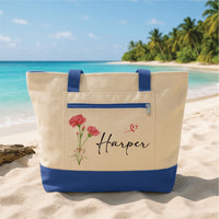 Birth Flower Tote Bag with Zipper, Personalized Name Flower Tote, Custom Floral Tote Bag, Birthday Gift for Women, Travel Bag