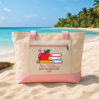 Best Teacher Ever Tote Bag with Zipper, Personalized Teacher Gift, Custom Name Apple Pencil Book Canvas Bag, Classroom Work Travel Daily Bag