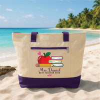Best Teacher Ever Tote Bag with Zipper, Personalized Teacher Gift, Custom Name Apple Pencil Book Canvas Bag, Classroom Work Travel Daily Bag
