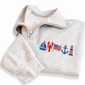 Coastal Nautical Embroidered Quarter Zip Sweatshirt, Beach Pullover, Lobster Sailboat Anchor Sweatshirt, Lake Life Coastal Sweater