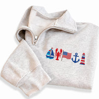 Coastal Nautical Embroidered Quarter Zip Sweatshirt, Beach Pullover, Lobster Sailboat Anchor Sweatshirt, Lake Life Coastal Sweater