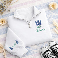 Personalized Texas Embroidered Quarter Zip Sweatshirt, Custom Bluebonnet Pullover, Southern Floral Sweater, Name Sleeve Gift