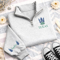 Personalized Texas Embroidered Quarter Zip Sweatshirt, Custom Bluebonnet Pullover, Southern Floral Sweater, Name Sleeve Gift