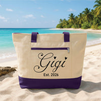 Personalized Gigi Tote Bag with Zipper, Custom Grandma Name Canvas Bag, New Grandma Est 2026 Gift, Gigi Beach Tote Bag