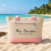 Custom Mrs Tote Bag with Zipper, Personalized Bride Canvas Tote, Honeymoon Essentials Bag, Future Mrs Gift