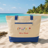 Personalized Teacher Embroidered Tote Bag with Zipper, Custom Name Canvas Tote, School Work Bag, Teacher Appreciation Gift