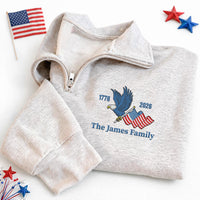 Personalized USA Embroidered Quarter Zip Sweatshirt, Custom America 1776 2026 Pullover, 250 Years Family Sweater, Matching Patriotic Gift
