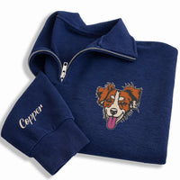 Personalized Pet Portrait Embroidered Quarter Zip Sweatshirt, Custom Dog Cat Pullover, Memorial Sweater, Rainbow Bridge Gift, Dog Mom Gift