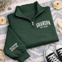 Personalized Grandpa Embroidered Quarter Zip Sweatshirt, Custom Kid Names Sleeve, New Grandpa Pullover, Pregnancy Reveal Gift, Papa Gift