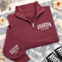 Personalized Grandpa Embroidered Quarter Zip Sweatshirt, Custom Kid Names Sleeve, New Grandpa Pullover, Pregnancy Reveal Gift, Papa Gift
