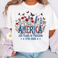 America 250 Years of Freedom Shirt, Floral Patriotic Tee, 1776 2026 USA Anniversary Top, Fourth of July Outfit, Patriotic Gift for Her