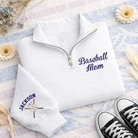 Personalized Baseball Embroidered Quarter Zip Sweatshirt, Custom Sleeve Pullover, Sporty Game Day Top, Team Mom Outfit, Baseball Fan Gift